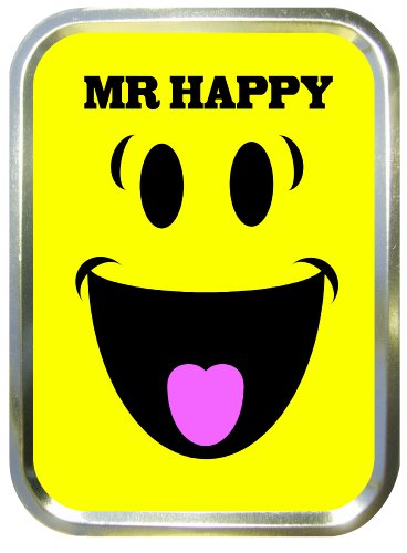 MR HAPPY 2oz TOBACCO TIN,PILL BOX,BACCY TIN,GOLD TIN