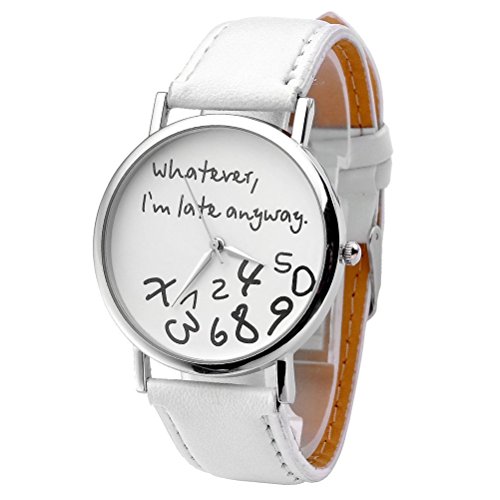 Profusion Circle "Whatever, I'm late anyway" Letters Printed Womens Girls Fashion Faux Leather Band Quartz Wrist Watch