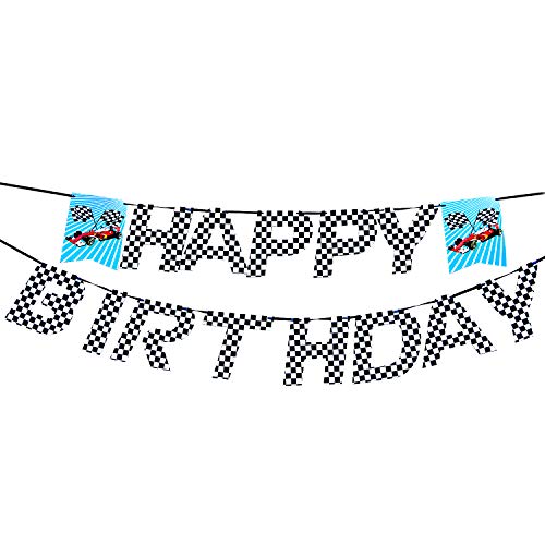 AMZTM Guirlande Joyeux Anniversaire - Bannière Happy Birthday Drapeau de Course à Damier Décorations de Fête à Thème de Voiture pour Enfants Garçons (Noir et Blanc)