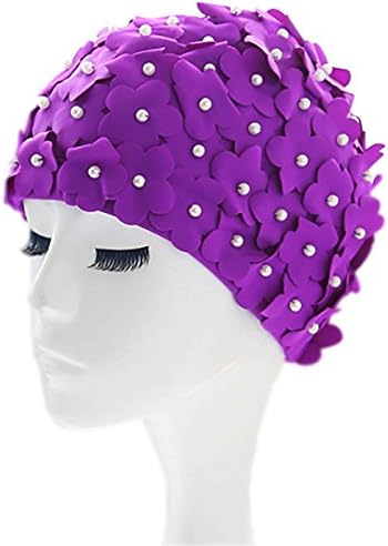 MissSoul Vintage Floral Swimming Hats for Women Ladies Girls Flowers Fabric Handmade Retro Style Petal Butterfly Long Hair Spa Swim Bathing Cap,Purple