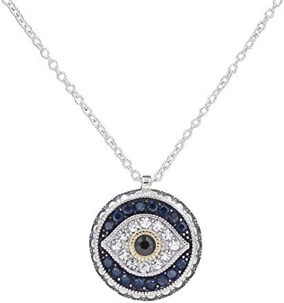 Silver Crystal Necklace Turkish Evil Eye Adjustable Chain Silver Plated Charm Pendant Link with Shiny Blue and White Cubic for Ladies 17''+2''