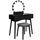 LO QUE OBTIENES: Un tocador con cajones premontados, un espejo circular, 10 bombillas y 1 de repuesto, un taburete acolchado con funda desmontable, bolsa de accesorios, instrucciones ilustradas, servicio profesional al cliente y una garantía de 100% de satisfacción