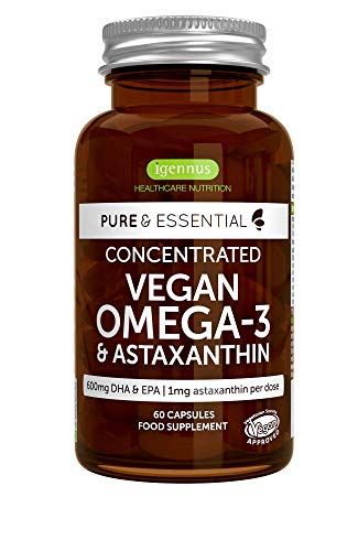 Igennus Healthcare Nutrition Pure/Essential Vegan Oméga-3 d'Huile d'Algues DHA + EPA 600 mg/Astaxanthine Végétalien 60 Capsules