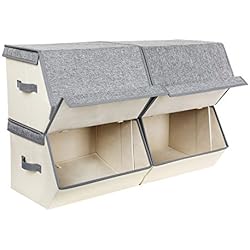 SONGMICS Lot de 4 BoÎtes de Rangement Empilables, avec Couvercle MagnÉtique Relevable, Bacs en Tissu avec Cadre MÉtallique et PoignÉes LatÉrales 38 x 26, 5 35 x 25 cm Gris et Beige RLB04GE