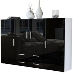 Vladon Buffet Haut Dressoir Nora, Corps en Blanc Mat/Façades en Noir Haute Brillance