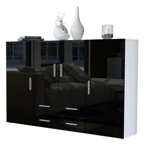 Vladon Buffet Haut Dressoir Nora, Corps en Blanc Mat/Façades en Noir Haute Brillance