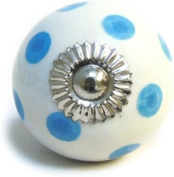 Pushka Home Shabby Chic White with blue spots decorative blue and white ceramic cupboard knob suitable for your updating your furniture and interior. Sold individually. Vintage style retro handle comes with two nuts and one washer in chrome nickel fixing. Standard screw supplied suits furniture doors up to 27mm. Door pull easy to affix. Ornate hardwearing porcelain knob suits kitchen cabinets, children’s dressers, wardrobes, chest of drawers and cupboards. Hand-painted quirky design.
