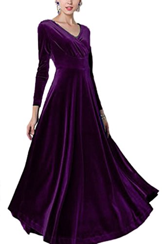 Le Donne Eleganti di Velluto A Maniche Lunghe Swing Maxi Vestito Taglia Purple XXL