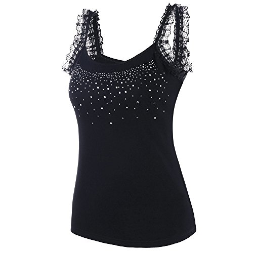 Levifun Crop Tops Femme Ete Lady Blouse sans Manches Sexy Strass Dentelle Coupe Slim O-Cou Solide De Base Sangle Camisole Chic Casual Cami pour Fille (XL, Noir)