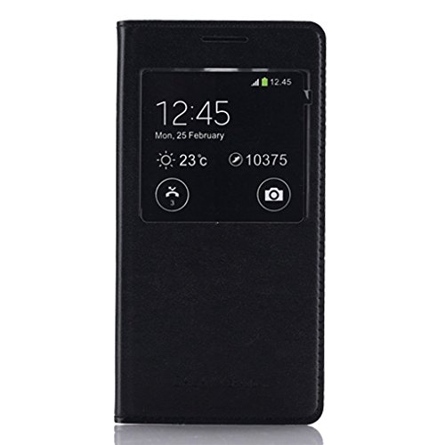 e-max 4 in 1 Schutzhülle Flip Cover mit rundem Sichtfenster für Samsung Galaxy Grand Prime SM-G530FZ, inklusive Displayschutzfolie und Eingabestift, Weiß schwarz #Noir pour Galaxy Grand Prime G530H - 2