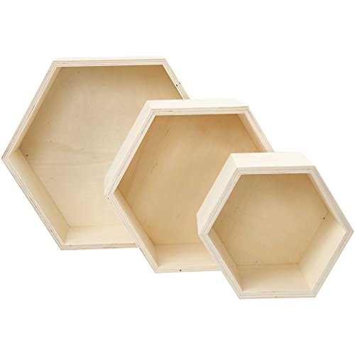 Cajas para almacenaje, hexagonal, A. 14,8+19+24,2 cm, profundidad 10 cm, madera contrachapada, 3ud