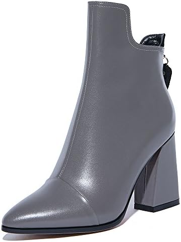 Ladies Zip Pointed Toe Block Heels Genuine Leather Women Boots Fashion High Heels Black Grey Ankle Boots (UK 8 =China Size 43 =Foot Length 26.5 cm, Grey)