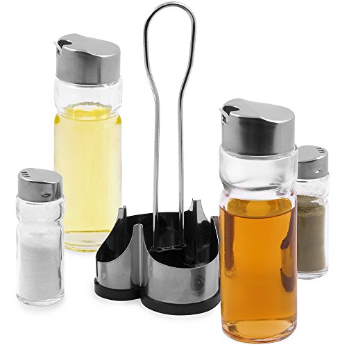 Gewürzständer Menage Set Edelstahl Pfefferstreuer Salzstreuer Essigflasche Ölflasche 5tlg - 2
