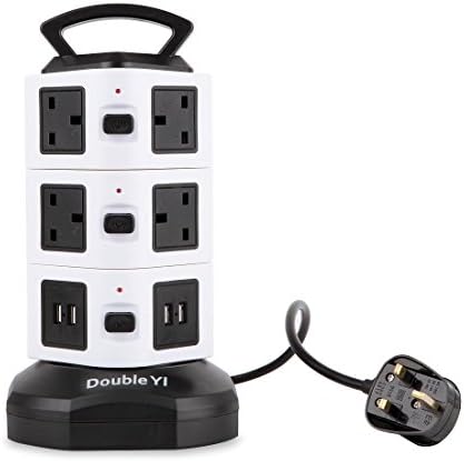 DoubleYI Extension Lead 10 Way Outlet 4 USB Ports Retractable 3m/9.8Ft Power Strip Surge Protector USB Charger Power Socket (White-10-4)