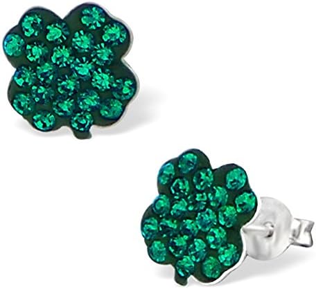 925 Sterling Silver and Crystal Lucky Four Leaf Clover Shamrock St Patrick Stud Earrings - Boxed