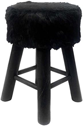 Round Stool Black Faux Fur With Black Pine Legs Small