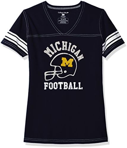 College Kids NCAA Michigan Wolverines Girls V Neck Short Sleeve Football Tee, Size 10-12/Medium, Navy
