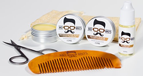 Mo Bro's Grooming Kit- Moustache Wax, Beard Balm, Oil, Comb, Scissors & Gift Bag (Classic Cedarwood)