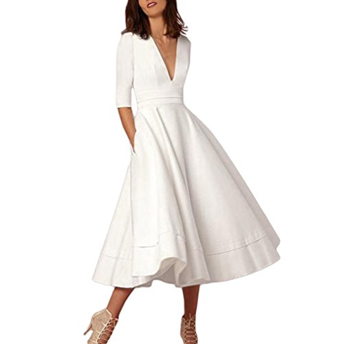 Manadlian-Robes de Soirée, Robe Longue Robe De Soirée Robe De Cocktail Femme Robe de Cocktail Vintage Manches 1/2 Robe Col V Swing Robe Midi (Blanc, S)