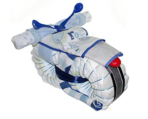 Windeltorte Motorrad blau ROCKSTAR – Windelmotorrad Geschenk zur Geburt, Taufe und Babyparty für Junge – Baby Geschenke bei dubistda - 7
