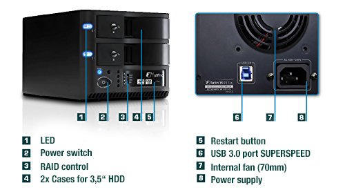 FANTEC MR-35DU3-6G Externes 2-fach RAID Festplattengehäuse (für den Einbau von 2x 8,89 cm (3,5 Zoll) SATA I/II/III Festplatten, USB 3.0 SUPERSPEED Anschluss, 6G und UASP Support, RAID Funktion (0/1/JBOD/BIG Modus), 70 mm Lüfter, schraubenlos, internes Netzteil) schwarz - 5