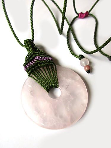 Natural Pink Cristal Quartz Macrame Dark Military Green and Lila Pendant handmade with natural stone mineral round donut shape 40mmX40mm Réf.PenDo01