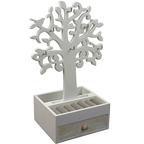 Schmuckbaum H30,5cm mit Schmuckkasten Ablagen + Schubfach Schmuckständer Schmuckhalter Kettenständer Weiß/Natur - 3