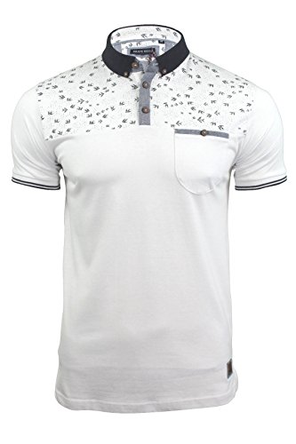 Mens Polo Shirt by Brave Soul 'Siward' with Bird Print (Optic White) L