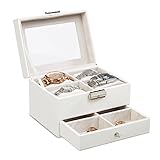Relaxdays Uhrenbox mit Sichtfenster, Schmuckkästchen für 4 Uhren, abschließbar, Kunstleder, HxBxT 11x16,5x12,5cm, weiß