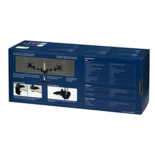 ARCTIC – Z2 Pro (EU) – Doppelter Monitorarm zur Befestigung am Schreibtisch – VESA 75 x 75 / 100x 100 – Neigbar und Schwenkbar – Für 13″ – 27″ Zoll Monitore und Fernseher – Inklusive 4 Port USB Hub mit Netzteil - 11