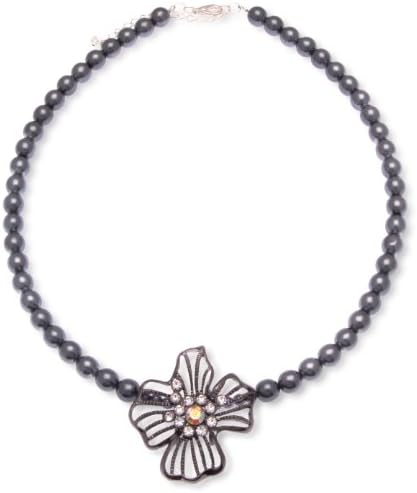 Claire Garnett 8mm Hematitie Colour Glass Pearl Necklace with Crystal Centrepiece