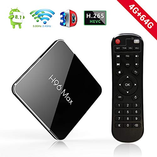 H96 Max Android 8.1 TV Box with Amlogic S905X2 Quad Core CPU,4GB RAM 64GB ROM,4K Ultra HD Smart TV Box Support 2.4/5.0GHz WiFi Bluetooth 4.0 H.265 HDMI 2.1