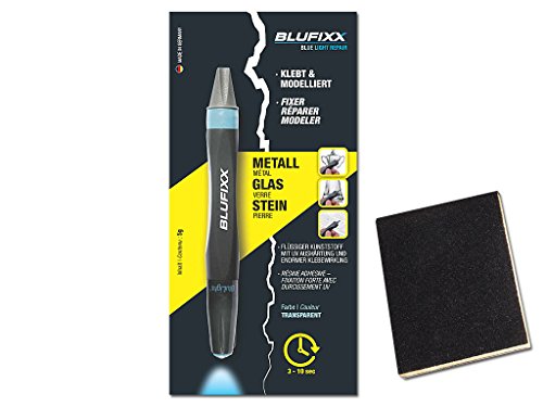 Preisvergleich Produktbild BLUFIXX lichthärtender Spezialklebstoff 5g für Metall, Glas, Stein löwenstark reparieren, bekannt aus dem TV + Schmirgel-Pad GRATIS