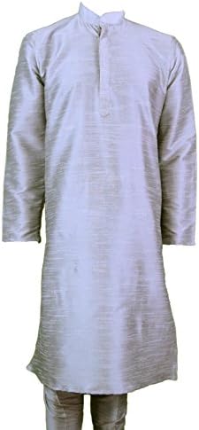 MENS DUPIN SILK BROWN KURTA PAJAMA SALWAR KAMEEZ SHERWANI INDIAN OUTFIT GR810 (44, GREY-GR814)