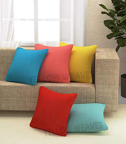 Yellow Weaves™ Cotton Canvas Decorative Cushion Covers (16 X 16 Inches) Set of 5, Multi Colour