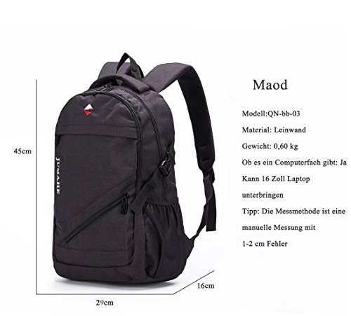 Maod Leinwand Freizeit Schulrucksack Jungen Rucksack schule daypack Laptoprucks  cke 15 Zoll Schultasche laptop backpack  Schwarz 