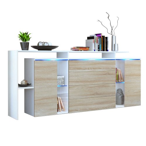 Aparador Cómoda Lissabon V2, Cuerpo en Blanco Mate/Frente en Roble áspero