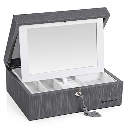 Preisvergleich Produktbild SONGMICS Schmuckkasten, Schmuckschatulle, abschließbarer Schmuck-Organizer, mit Klappspiegel und Herausnehmbarer Trennwand, für Halsketten, Ringe, Geschenk für die Liebsten, Grau JBC233GY