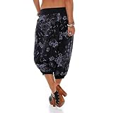 Damen Hosen cinnamou Sommerhosen Frauen Frauen Blumendruck Gewinde Hose - Lose Bandbreite Breite Beinhosen Yogahose Aladinhose Haremshose Pumphose Pluderhose Ballonhose (Schwarz, L)