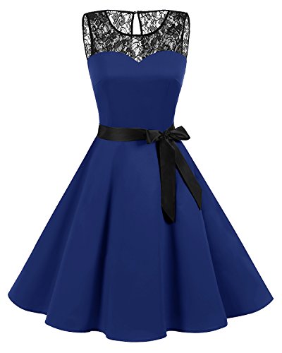 Bbonlinedress Vintage rétro 1950's Audrey Hepburn Robe de Soirée Cocktail sans Manches avec Dentelle année 50 Rockabilly Bleu Saphir L