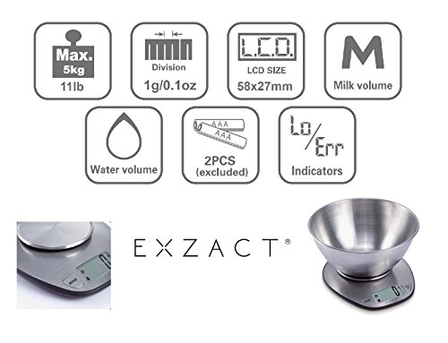 EXZACT Premium Elektronische Küchenwaage mit Großer Anzeige mit Rührschüssel aus rostfreiem Stahl – 5kg/11lb (EX4350) - 5