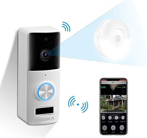 Sonnette Vidéo, Sonnette sans Fil Yiroka 720P HD avec Caméra, étanche, Conversation Bidirectionnelle en Temps Réel, Batterie de 3 600 Heures, Détection de Mouvements PIR, Stockage Vidéo 3000+, Blanc