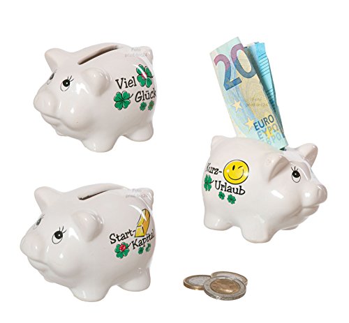 Preisvergleich Produktbild 3 Mini Sparschweinchen weiß Aufdruck Kleeblatt Spardose Sparbüchse Geschenkidee Glücksschweinchen