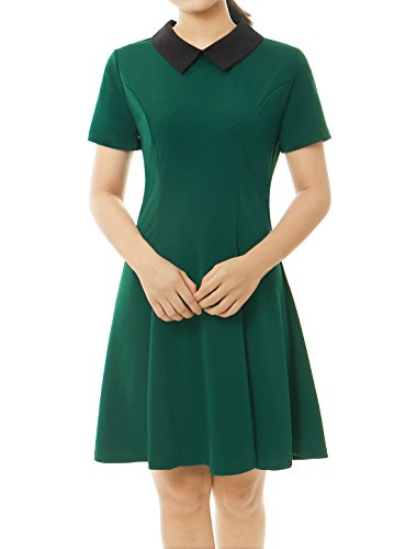 Allegra K - Vestito da donna, con colletto, a maniche corte, con gonna a campana Verde M