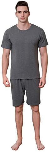 QianXiu Summer Gray Pajamas Modal Nightshirt Cotton Sleepwear Set Short Sleeves Nightwear Set Mens Nightclothes