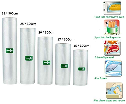 MKISHINE Set de 5 Rollos Bolsas Profesional para la Conservación de Alimentos Protector la Comida para Cocina para Envasadora Sellador de Vacío Aprobación de la FDA y BPA Free (5 Rollos)