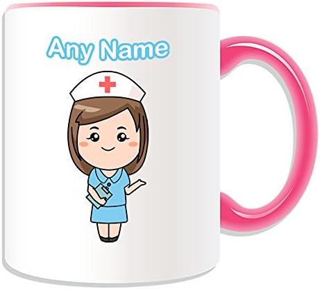 Personalised Gift - Nurse in Pale Blue Dress Mug (Health Service Design Theme, Colour Options) - Any Name / Message on Your Unique - National NHS Hospital Worker Staff Uniform Red Cross Hat Light