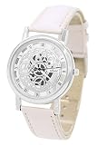 Armbanduhr - SODIAL(R)Damen Herren Skelett Uhr Kunstleder Armband Analog Quarz Armbanduhr Sport Weiss band & Silber Zifferblatt