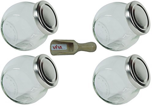 Viva Haushaltswaren #34637# 4 Gewürzgläser 192ml / Glasdosen mit Schraubverschluss inklusive einer Holzschaufel, Glas, silber / transparent, 8 x 5.9 x 8.1 cm