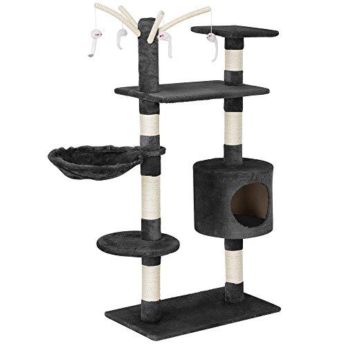 [en.casa] Rascador para gatos (65 x 35 x 130 cm aprox.)(gris) varios niveles / Sisal / con juegos, cueva y hamaca